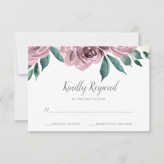 Mauve Waterverf Rozen Floral Wedding RSVP (Voorkant)