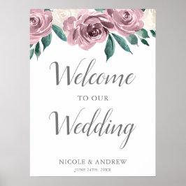 Mauve Waterverf Rozen Floral Wedding Welcome Poster