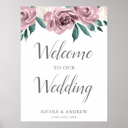 Mauve Waterverf Rozen Floral Wedding Welcome Poster (Voorkant)