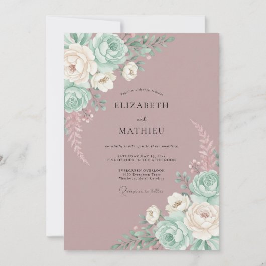 Mauve Whimsical Mint Bloemige Bruiloft Kaart (Voorkant)