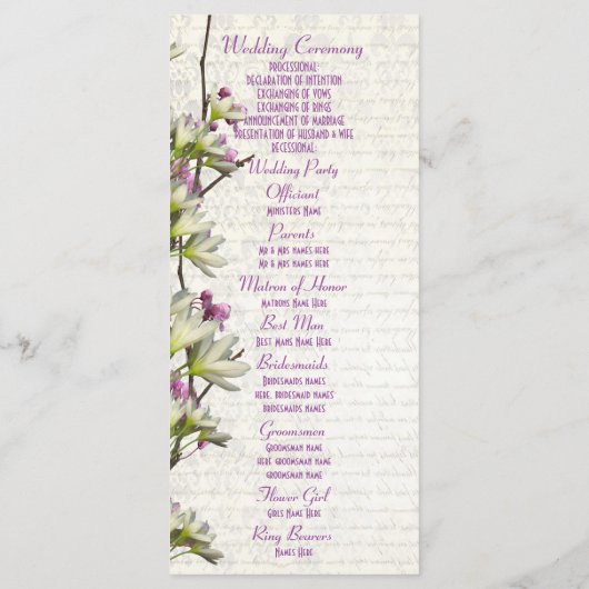  Mauve White Bloemen Kerk Trouwprogramma Programmakaart (Achterkant)