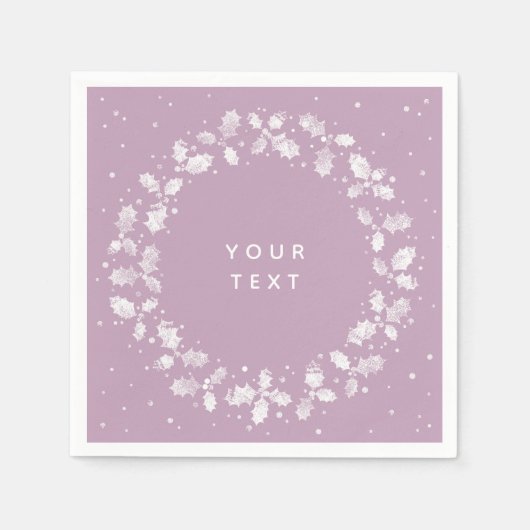 Mauve + White Hand Printed Holly Wreated Kerstmis Servet (Voorkant)