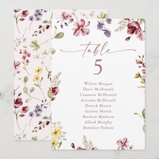 Mauve Wildflower Tafelnummer Zitplaatsen Kaart (Voorkant / Achterkant)