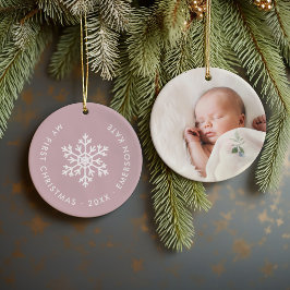 Mauve Winter Snowflake Eerste Kerstfoto Keramisch Ornament