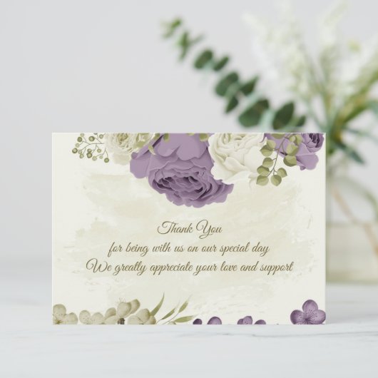 mauve witte bloemen groen bruiloft bedankkaart (Staand voorkant)