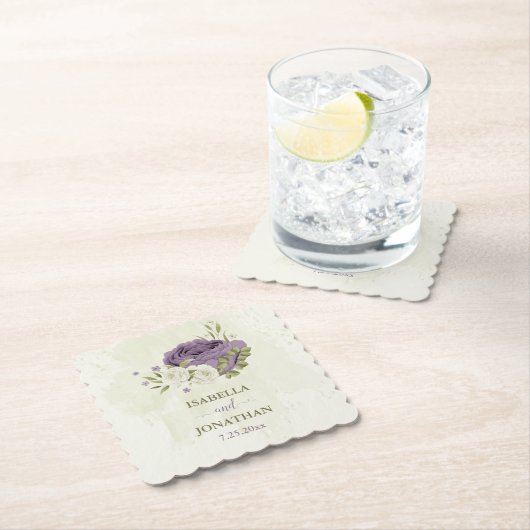 mauve witte bloemen groen bruiloft kartonnen onderzetters (Insitu)