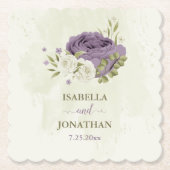 mauve witte bloemen groen bruiloft kartonnen onderzetters (Voorkant)