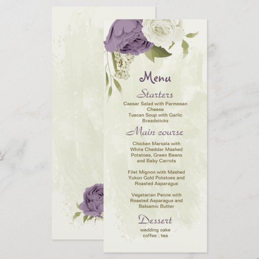 mauve witte bloemen groen bruiloft menu (Voorkant / Achterkant)