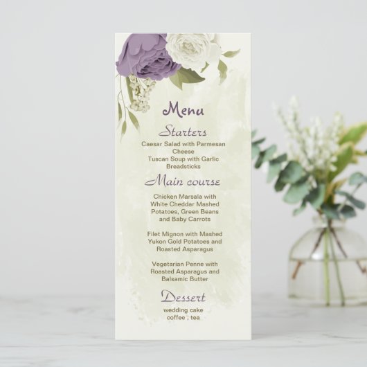 mauve witte bloemen groen bruiloft menu (Staand voorkant)