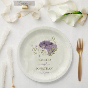 mauve witte bloemen groen bruiloft papieren bordje