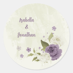 mauve witte bloemen groen bruiloft ronde sticker