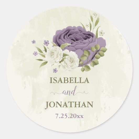 mauve witte bloemen groen bruiloft ronde sticker (Voorkant)