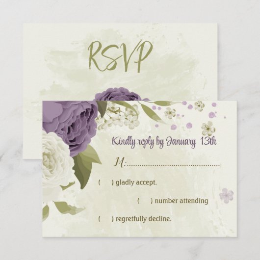mauve witte bloemen groen bruiloft RSVP kaartje (Voorkant / Achterkant)