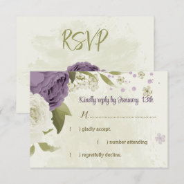 mauve witte bloemen groen bruiloft RSVP kaartje