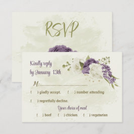 mauve witte bloemen groen bruiloft RSVP kaartje