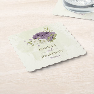 mauve witte bloemen groen trouwfeest kartonnen onderzetters