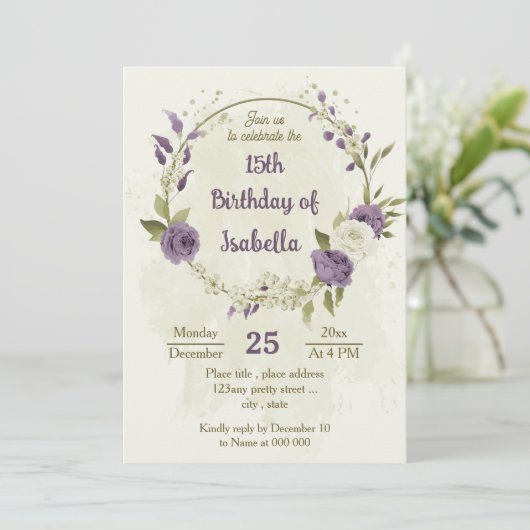 Mauve witte bloemen groen verjaardag kaart (Staand voorkant)