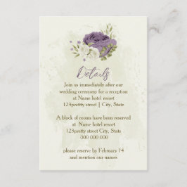 mauve witte bloemen groen wedding details informatiekaartje