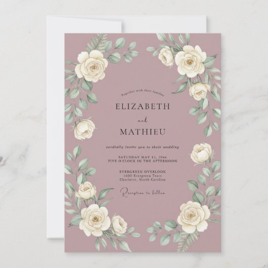 Mauve Witte Rozen Bruiloft Kaart (Voorkant)