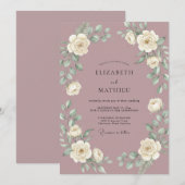 Mauve Witte Rozen Bruiloft Kaart (Voorkant / Achterkant)