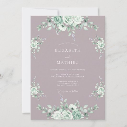 Mauve Witte Waterverf Bloemige Bruiloft Kaart (Voorkant)
