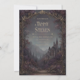 Mauve Woodland Gotische Kasteel Gouden Rand Trouwd Kaart