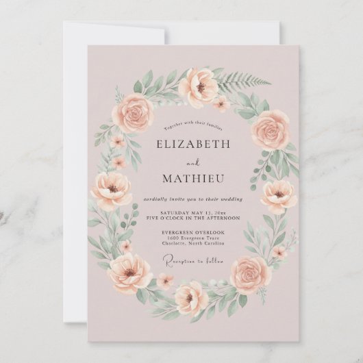 Mauve Zachte Bloemenkrans Bruiloft Kaart (Voorkant)