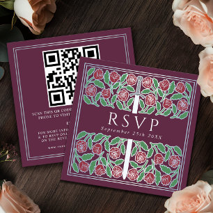 Mauve Zilveren Bloem Koninklijke Trouw RSVP QR Cod Informatiekaartje