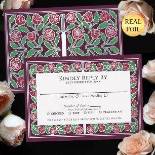 Mauve Zilveren Bloem Zwaard Koninklijke Trouw RSVP Folie Uitnodiging