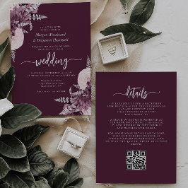 Mauve Zilveren Bloemen QR Code Trouwen Kaart