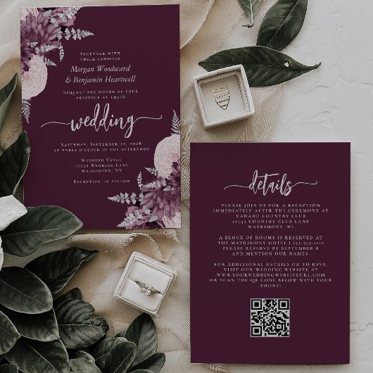 Mauve Zilveren Bloemige QR Code Huwelijk Kaart