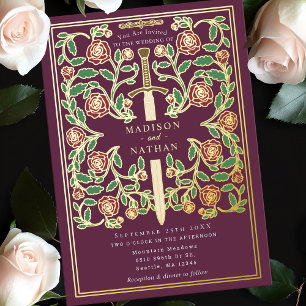 Mauve Zwaard Bloemrijke Middeleeuwse Fantasy Bruil Folie Uitnodiging