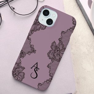 Mauve Zwarte Bloemrijke Kant Monogram iPhone 15 Case