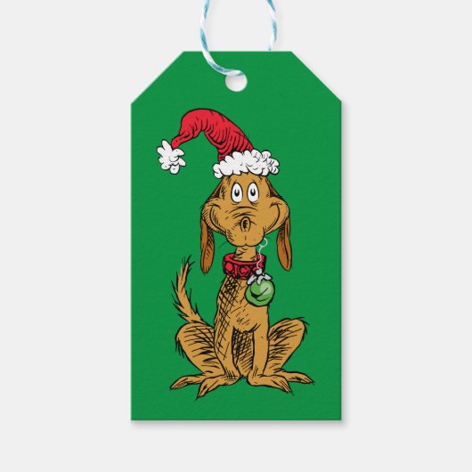 Max de hond in een kerstmuts cadeaulabel (Voorkant)