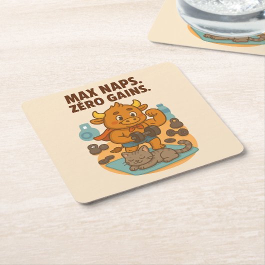 Max Naps, Zero Gains - Grappige Bullio Gym Cat Kartonnen Onderzetters (Schuin)