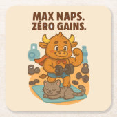 Max Naps, Zero Gains - Grappige Bullio Gym Cat Kartonnen Onderzetters (Voorkant)