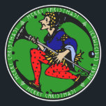 Maxfield Parrish-y Christmas Elf Ronde Sticker<br><div class="desc">Versier uw enveloppen,  geschenkpakketten,  & meer w / IconDoIt's originele variatie op een klassieke 1920's Maxfield Parrish elf karakter w / Santa Claus Red & black polka dot leggings   kobaltblauwe pancho tegen een rijke groene achtergrond & omcirkelde w / herhalende zin "Vrolijk kerstfeest!". Kies uit 2 maten</div>