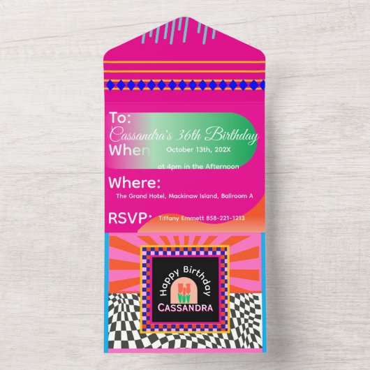 Maximalisme Verjaardag Kleurrijke Geruite Bloemen All In One Uitnodiging (Binnen)