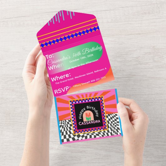 Maximalisme Verjaardag Kleurrijke Geruite Bloemen All In One Uitnodiging (Afscheurbaar)