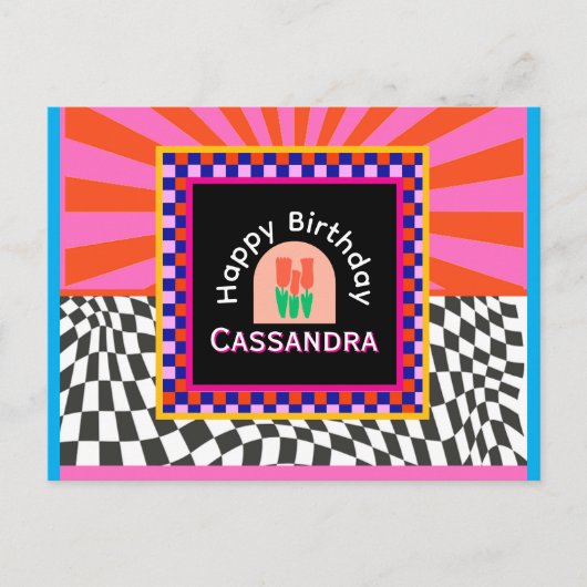 Maximalisme Verjaardag Kleurrijke Geruite Bloemen Briefkaart (Voorkant)