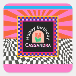 Maximalisme Verjaardag Kleurrijke Geruite Bloemen Vierkante Sticker