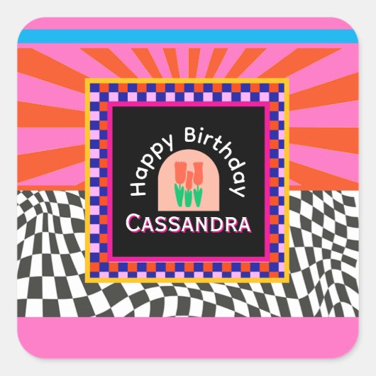 Maximalisme Verjaardag Kleurrijke Geruite Bloemen Vierkante Sticker (Voorkant)