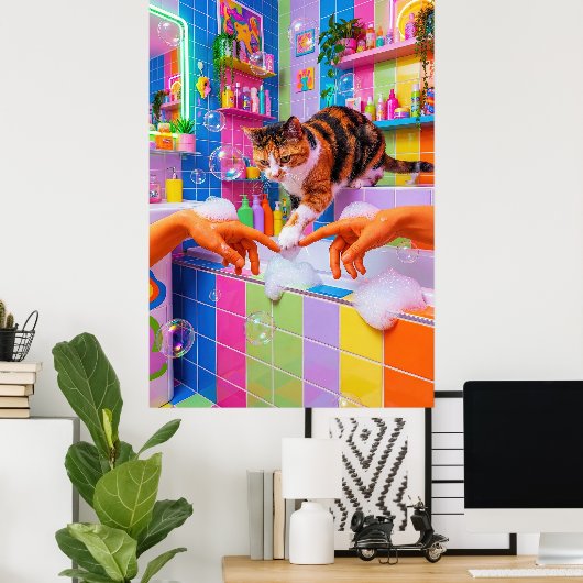Maximalist Bathroom Wall Art, Calico Cat Poster (Thuiskantoor)