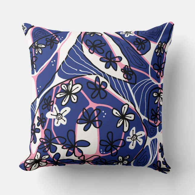 Maximalist Floral Neuro Art - Blauw Roze Wit Kussen (Voorkant)