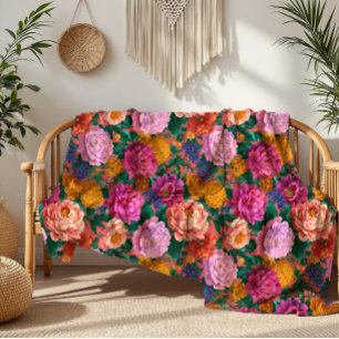 Maximalist Lila en perzik bloeit op roze Fleece Deken