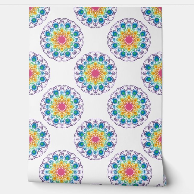 Maximalist Rainbow Floral Fountain Polka Dot Behang (Afrollen)