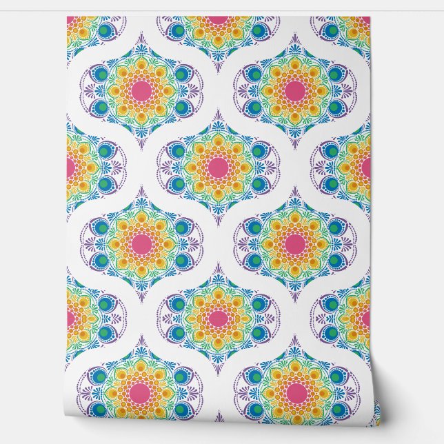 Maximalist Rainbow Floral Fountain Retro Ogee Behang (Afrollen)