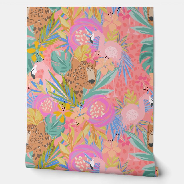 Maximalist Tropical Hot Pink Cheetah Flamingo Behang (Afrollen)