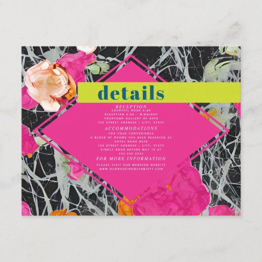 Maximalistisch gemarmerde bloemige bruiloft detail informatiekaartje (Voorkant)
