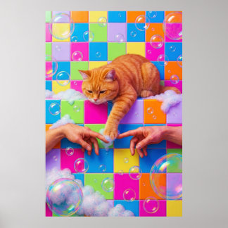 Maximalistische badkamer muur kunst, oranje tabby  poster